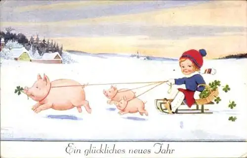 Künstler Ak Wills, John, Neujahr, Mädchen, Schlitten, Schweine