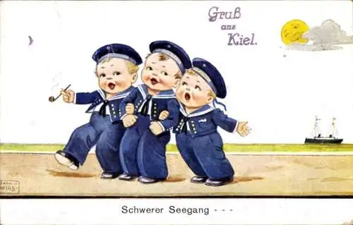 Künstler Ak Wills, John, Schwerer Seegang, Matrosen, Pfeife
