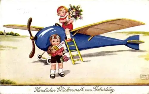 Künstler Ak Wills, John, Glückwunsch Geburtstag, Flugzeug, Blumen, Geschenke, Kinder