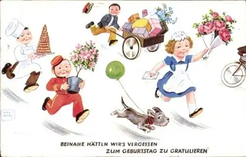 Ak Glückwunsch Geburtstag, Portier, Dienstmädchen, Paketbote, Konditor