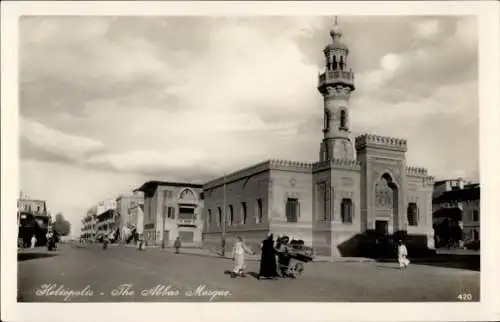 Ak Heliopolis Cairo Kairo Ägypten, Ägyptische Moschee mit zwei Minaretten, davor eine Straße m...