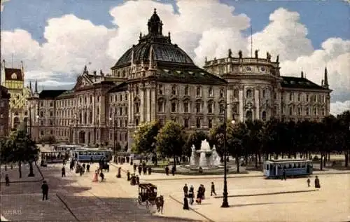 Künstler Ak München Bayern, Justizpalast, Straßenbahnen, Brunnen