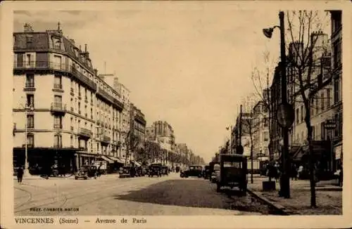 Ak Vincennes Val de Marne, Schwarz-Weiß-Bild, Avenue de Paris, alte Gebäude, Straßenverkehr