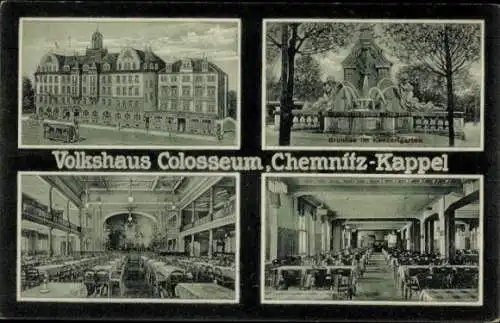 Ak Kappel Chemnitz in Sachsen, Volkshaus Colosseum, Brunnen im Konzertgarten