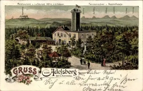 Litho Adelsberg Chemnitz in Sachsen, Aussichtsturm, Höhenrestaurant