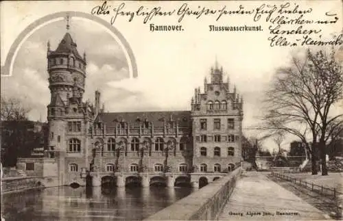 Ak Hannover in Niedersachsen, Flusswasserkunst, Gebäude, Wasser, Bäume, Historische Architektur