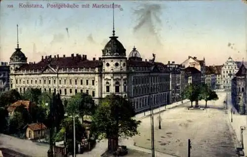 Ak Konstanz am Bodensee, Postgebäude, Marktstätte, historische Architektur, stilisierte Darste...