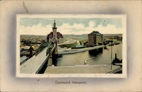 Ak Dortmund im Ruhrgebiet, Blick auf den Dortmunder Hafen, Brücke, Gebäude, Landschaft