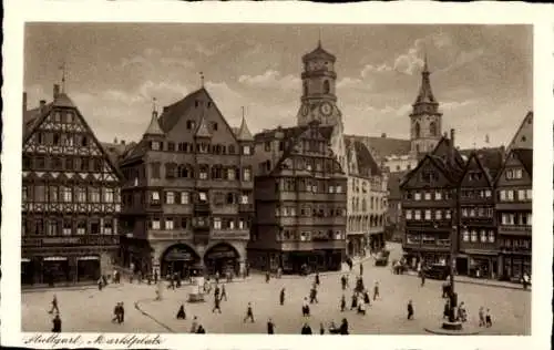 Ak Stuttgart in Württemberg, Marktplatz, Fachwerkhaus, Türme, Turmuhr