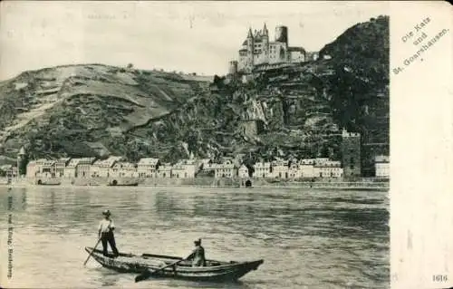 Ak St. Goarshausen am Rhein, Schloss, Fluss, Fischerboot, historische Gebäude