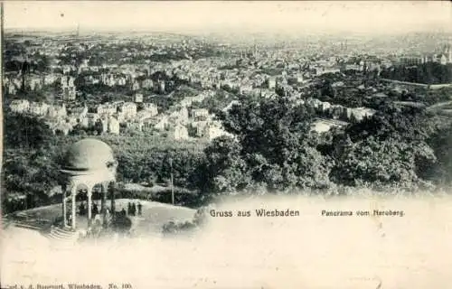 Ak Wiesbaden in Hessen, Panorama vom Neroberg, Aussicht auf Stadt, Gazebo im Vordergrund