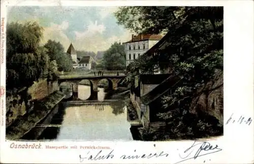 Ak Osnabrück in Niedersachsen, Flusslandschaft, Brücke, Pernickelturm, historische Architektur