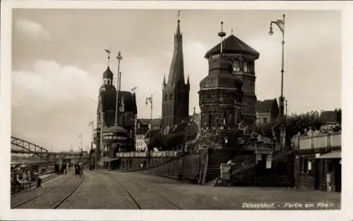 Ak Düsseldorf am Rhein, Teilansicht am Rheinufer, Kirche