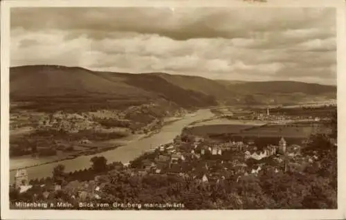 Ak Miltenberg am Main Unterfranken, Blick vom Grauberg, Mainufer, Berge, Wolken, Stadtansicht