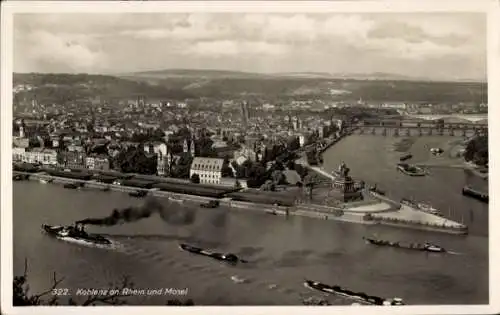 Ak Koblenz am Rhein, Ansicht von  Rhein, Mosel, historische Gebäude, Schiffe, Brücke