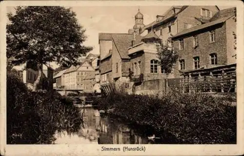 Ak Simmern Hunsrück, Fluss, Bäume Häuser, Brücke