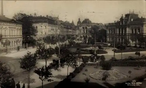 Ak Bamberg in Oberfranken, Stadtansicht mit Gebäuden, Bäumen, Menschen, Straßenbahn, historisc...