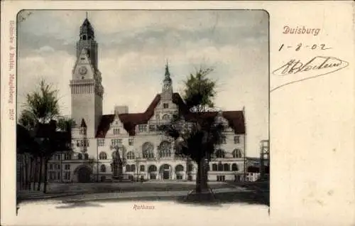 Ak Duisburg im Ruhrgebiet, Rathaus, Uhrturm, historische Architektur, Postkarte, farbig