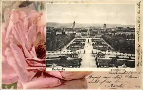 Ak Karlsruhe in Baden, Schwarz-Weiß-Foto von  Parklandschaft, Brunnen, historische Gebäude