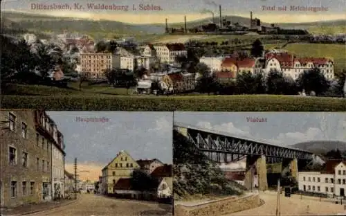 Ak Dzietrzychów Dittersbach Wałbrzych Waldenburg Schlesien, Melchiorgrube, Hauptstraße, Viadukt