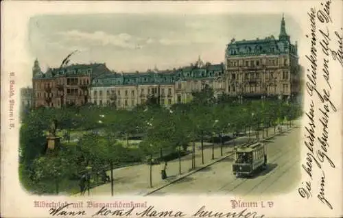 Ak Plauen im Vogtland, Albertplatz mit Bismarckdenkmal, historische Architektur, Straßenszene