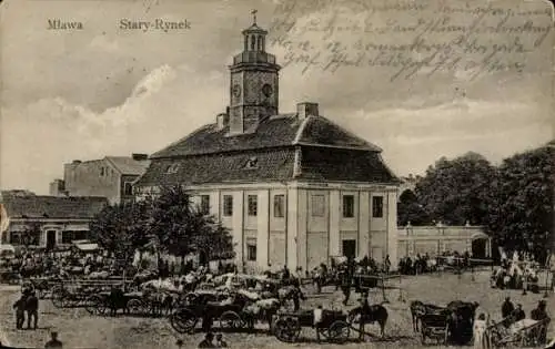 Ak Mława Mlawa Mielau Polen, Altstadtmarkt, Gebäude mit Turm, Menschen und Pferdewagen