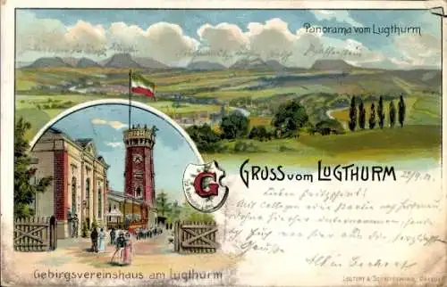 Litho Heidenau in Sachsen, Panorama vom Lugturm, Gebirgsvereinshaus