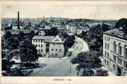 Ak Limbach Oberfrohna in Sachsen, Stadtansicht, Häuser, Bäume, Straßen, Fabrikschornsteine