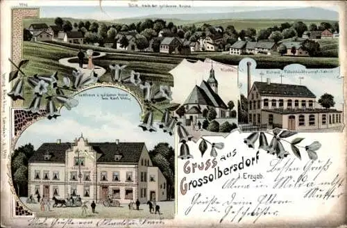 Litho Großolbersdorf im Erzgebirge, Panorama, Rathaus, Gasthaus zur goldenen Krone