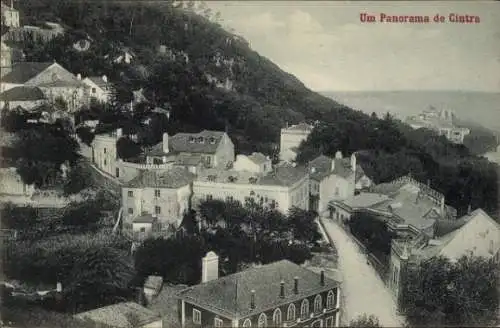 Ak Sintra Cintra Portugal, Panoramablick, Hügel mit Häusern, Landschaft und Meer