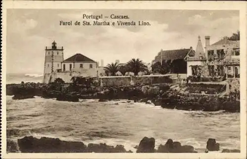 Ak Estoril Cascaes Cascais Portugal, Leuchtturm von Sta. Martha, Gebäude, Küstenlandschaft