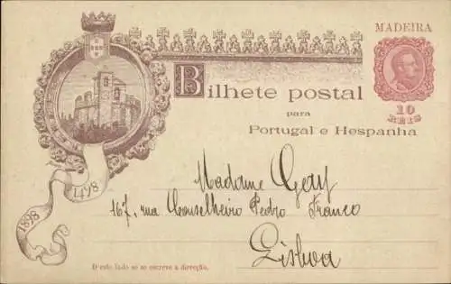 Ak Insel Madeira Portugal, Postkarte mit Wappen, Burg, Text in Französisch, Jahr 1898