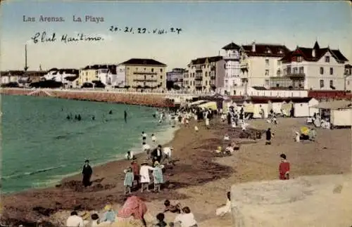 Ak Las Arenas Getxo Vizcaya Baskenland, Strand, Gebäude, Menschen am Strand, sonniges Wetter