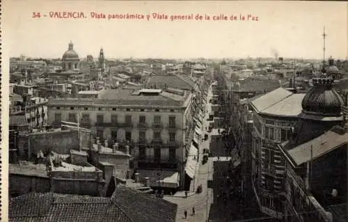 Ak Valencia Stadt Spanien, Panoramablick, Calle de la Paz, Stadtansicht