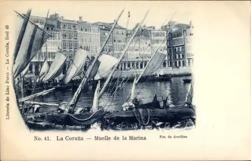 Ak La Coruna Galicien, Muelle de la Marina, Boote auf dem Fluss