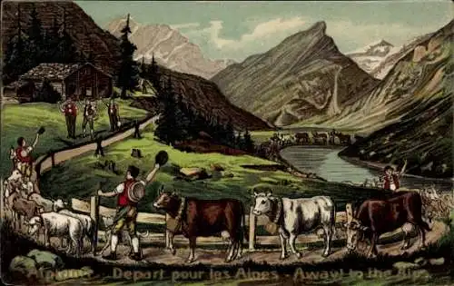 Präge Litho Schweiz, Alpen, Départ pour les Alpes, Kuhtrieb auf die Alm