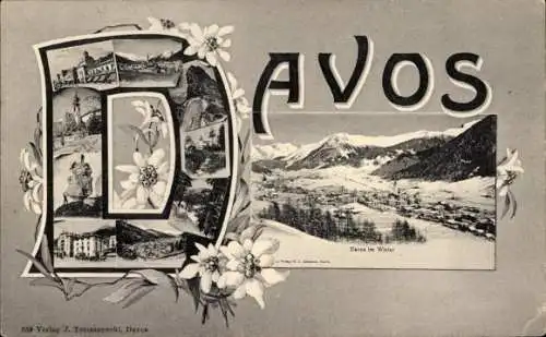 Ak Davos Dorf Kanton Graubünden, Vorderseite mit dem Schriftzug 'Davos', Winterlandschaft, Blu...