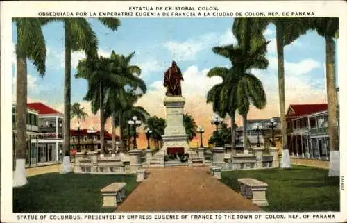 Ak Colón Panama, Statue von Christoph Kolumbus, umgeben von Palmen, Stadtansicht, Sonnenuntergang