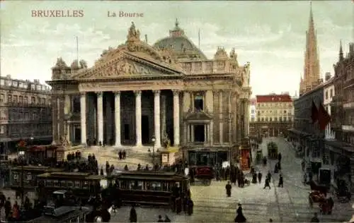 Ak Bruxelles Brüssel, Historisches Gebäude La Bourse, Straßenbahn, Menschenmenge