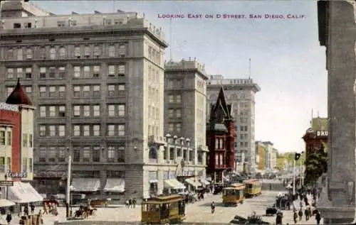 Ak San Diego Kalifornien USA, Blick auf D Street, U.S. Grant Hotel, historische Gebäude, Straß...