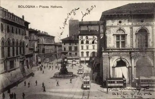 Ak Bologna Emilia Romagna, Piazza Nettuno, Brunnen, historische Gebäude, Tram