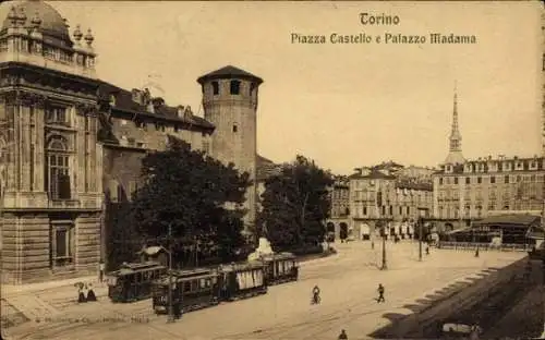 Ak Torino Turin Piemonte,  Piazza Castello, Palazzo Madama, historische Straßenbahn