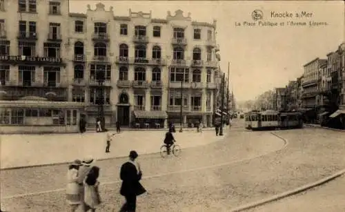 Ak Knokke Heist Heyst Knocke sur Mer Westflandern, La Place Publique et l'Avenue Lippens, Tram