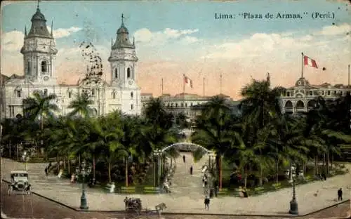 Ak Lima Peru, Plaza de Armas, Fahnen