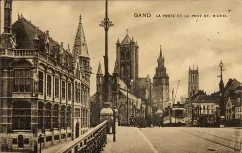 Ak Gand Gent Ostflandern, Stadtansicht, Postgebäude, Pont St. Michel