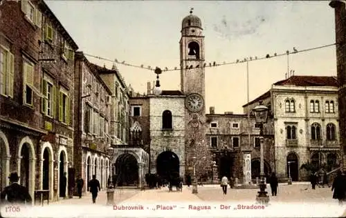 Ak Dubrovnik Kroatien, Postkarte mit Stadtansicht, Uhrturm, Vögeln auf der Mauer