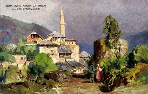 Ak Bosnien Herzegowina, Bosnische Architekturen, Partie an der Stadtmauer, Minarett