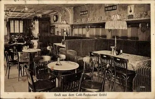 Ak Solingen, Burg Hohenscheid, Café-Restaurant Gröhl, Innenansicht, Tische und Stühle, Lampen,...