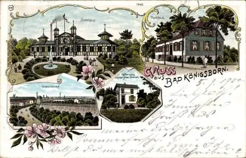 Litho Königsborn Unna im Ruhrgebiet, Badehaus, Parkhaus, Gradierwerke