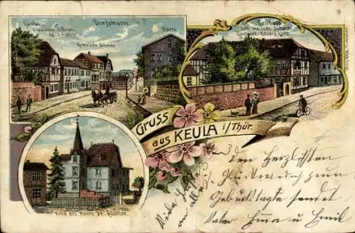 Litho Keula Helbedündorf in Thüringen, Dorfstraße, Gasthaus zum weißen Schwan, Villa Dr. Günther